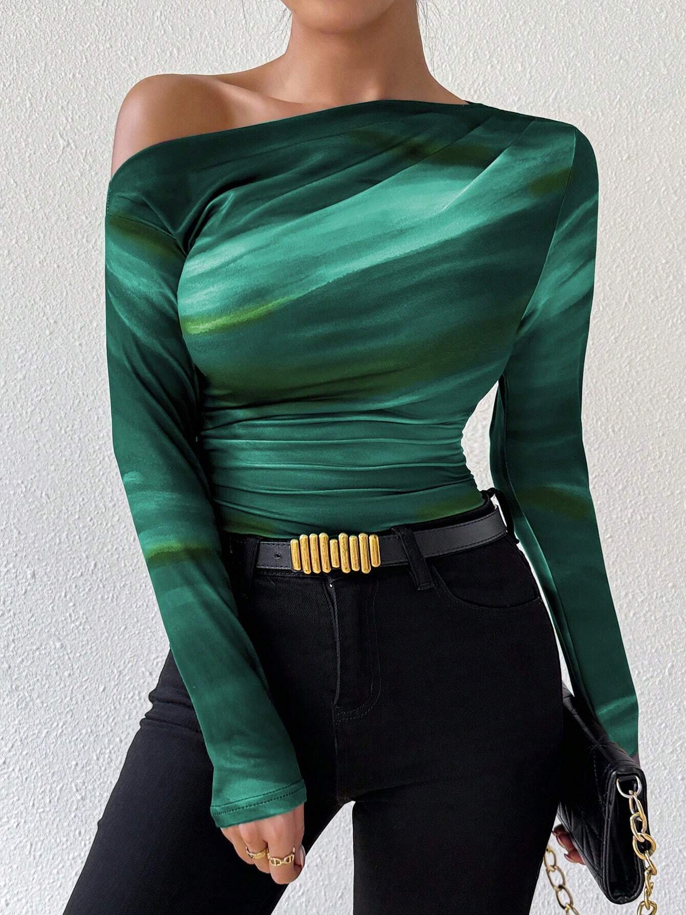 SHEIN Raffinéa Marble Ombre Print Asymmetric Ruched Long Sleeve Top - Image 3