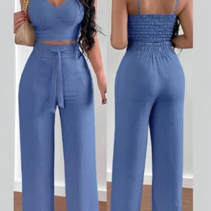 SHEIN Relaxiva Ladies Cupped Cami Top & Strap Backless Bowknot Elastic Straight Leg Pants Holiday Two Piece Set