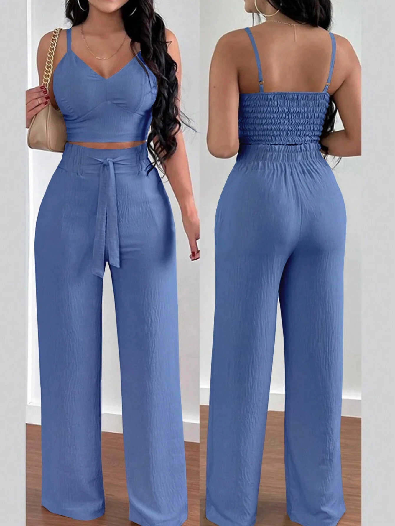 SHEIN Relaxiva Ladies Cupped Cami Top & Strap Backless Bowknot Elastic Straight Leg Pants Holiday Two Piece Set
