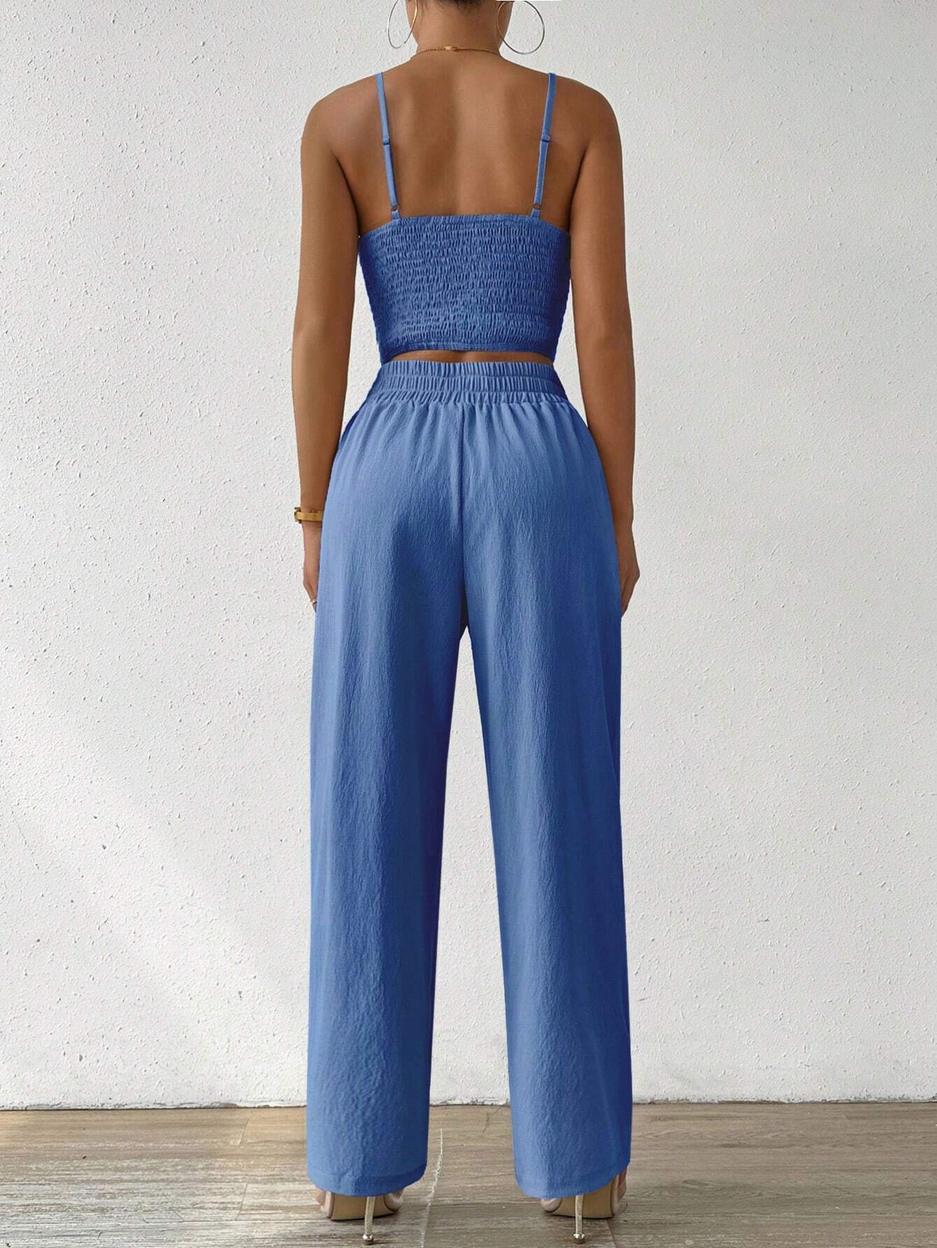 SHEIN Relaxiva Ladies Cupped Cami Top & Strap Backless Bowknot Elastic Straight Leg Pants Holiday Two Piece Set - Image 2