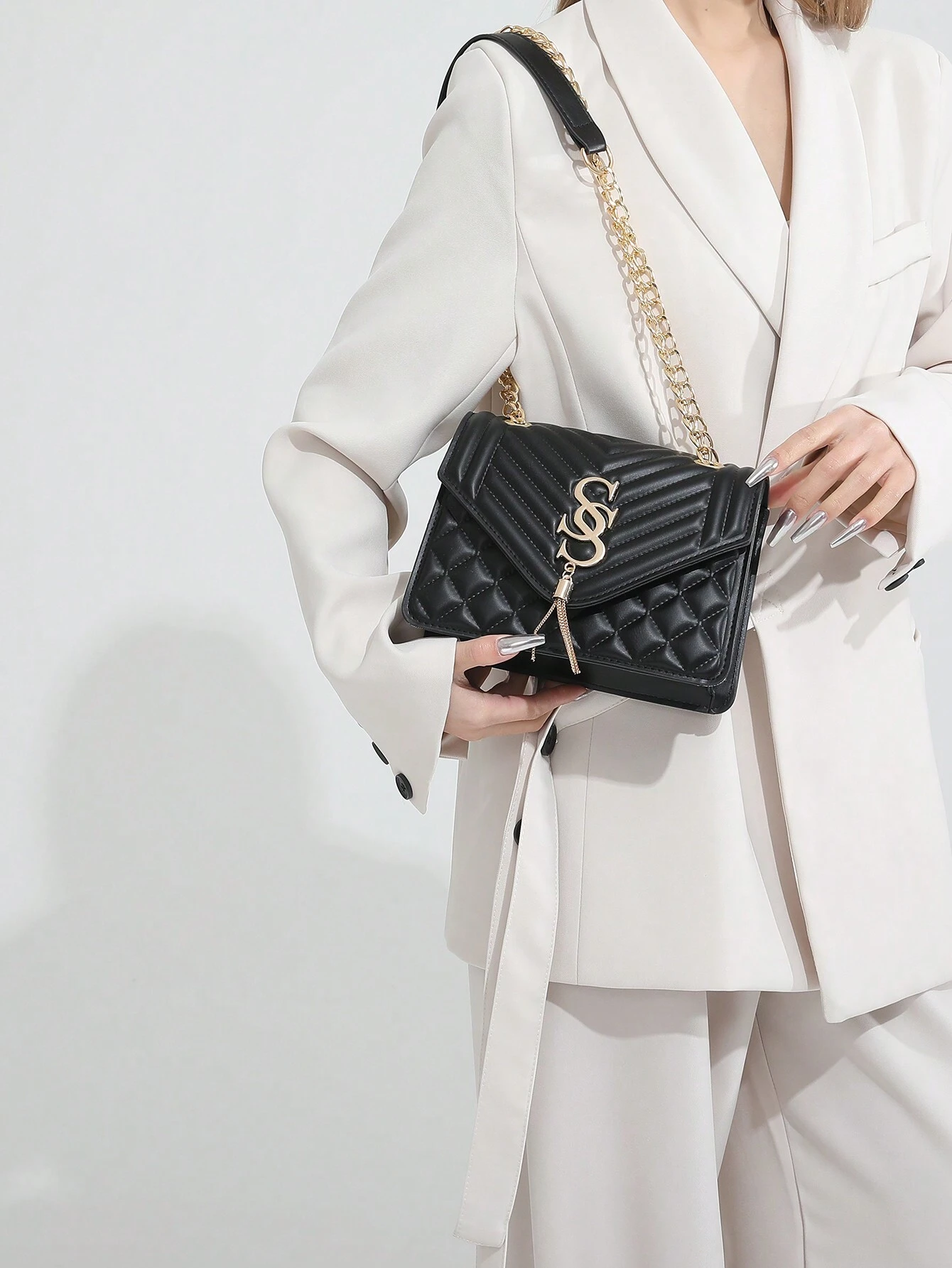 shein Seam Chain SS Jewelry Square Shoulder Bag Oblique Shoulder Bag - Image 2