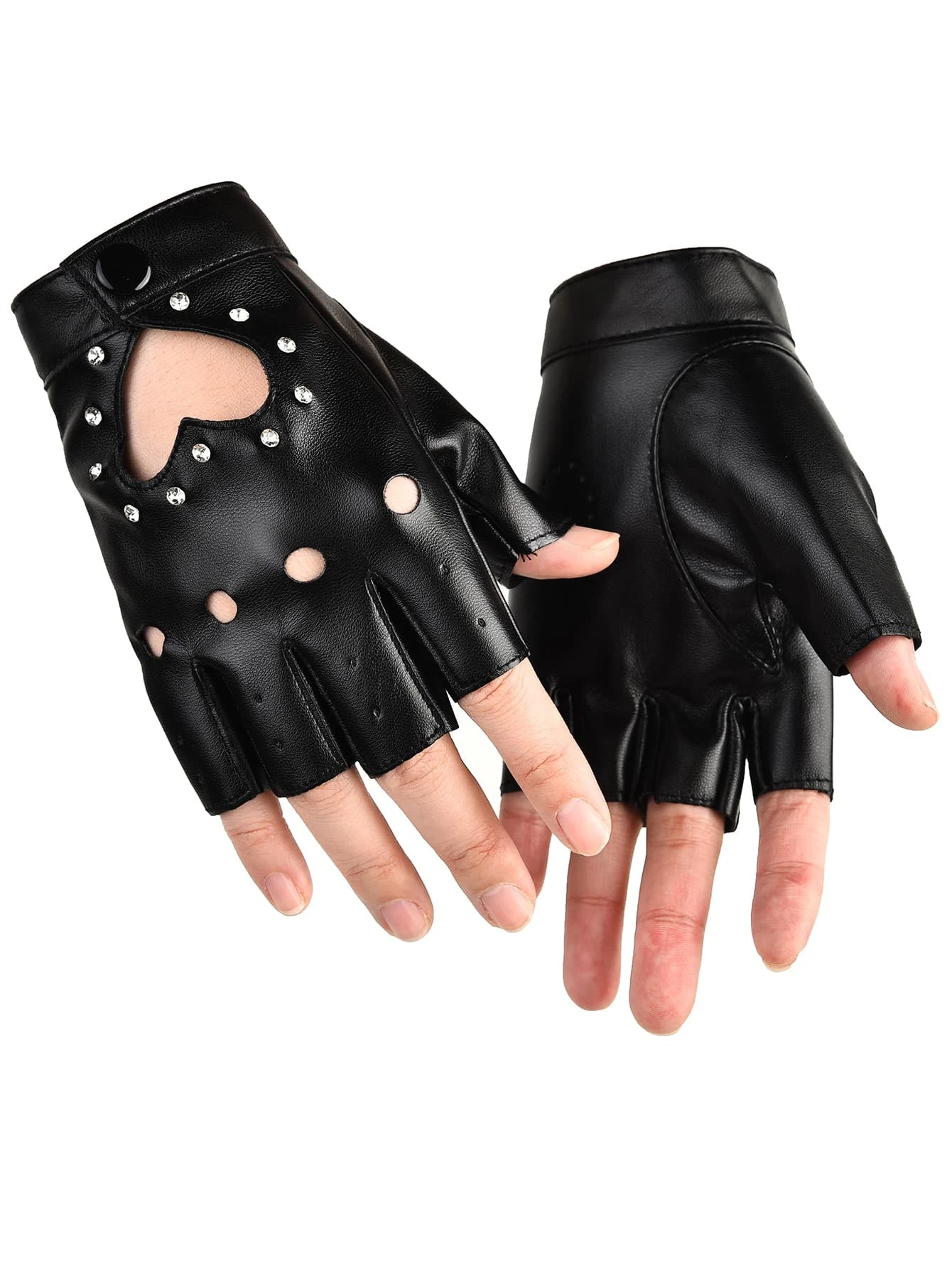 shein Sexy Cut Out Rhinestone Decor Fingerless Gloves