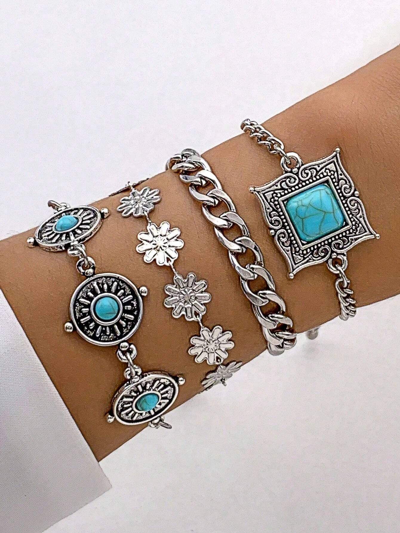 SHEIN imoli 4 PCS Beach Holiday Style Green Turquoise Square Petal Silver Bracelets