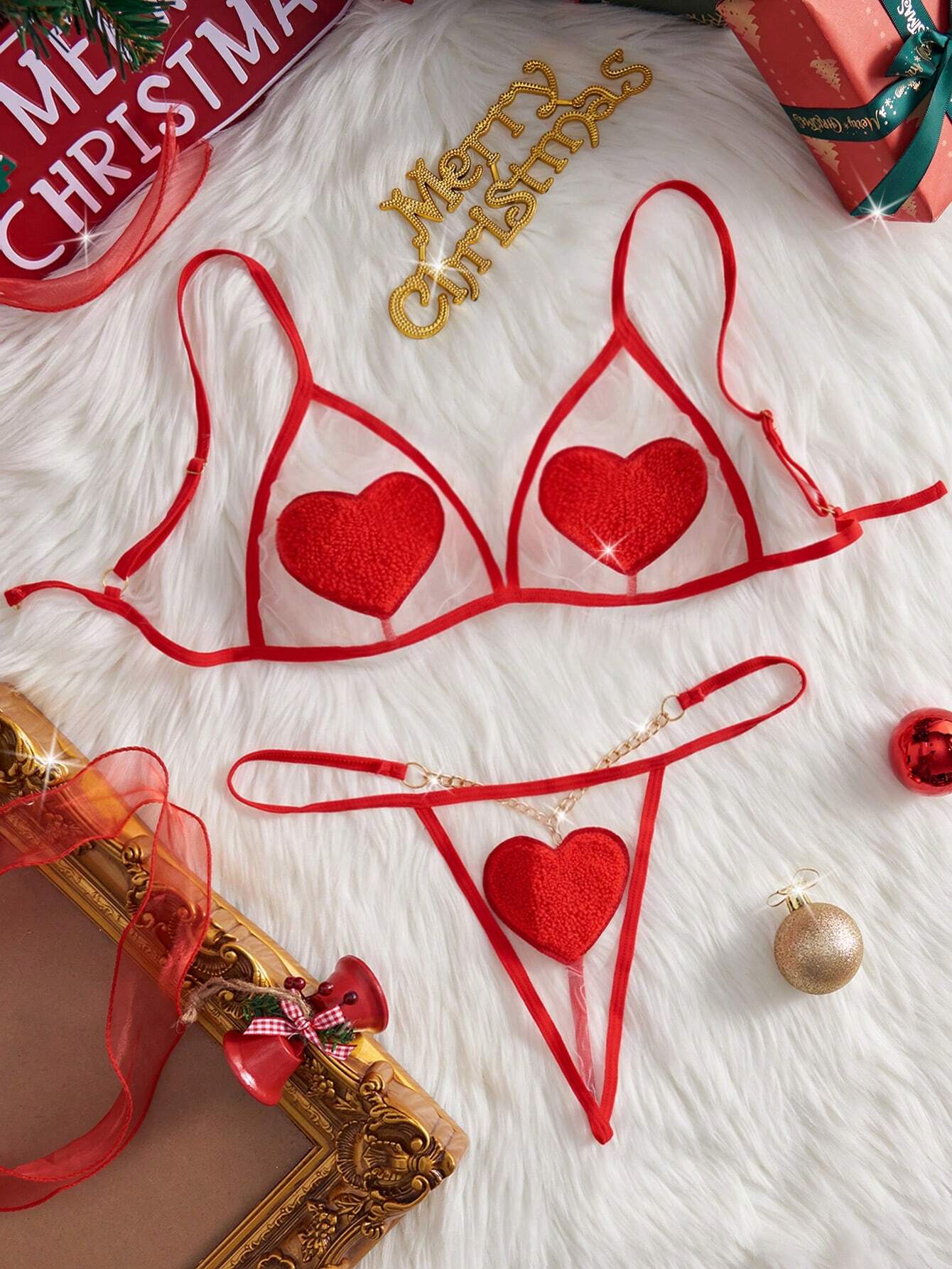 shein Christmas New Red Love Bra Set Sexy Underwear Suit