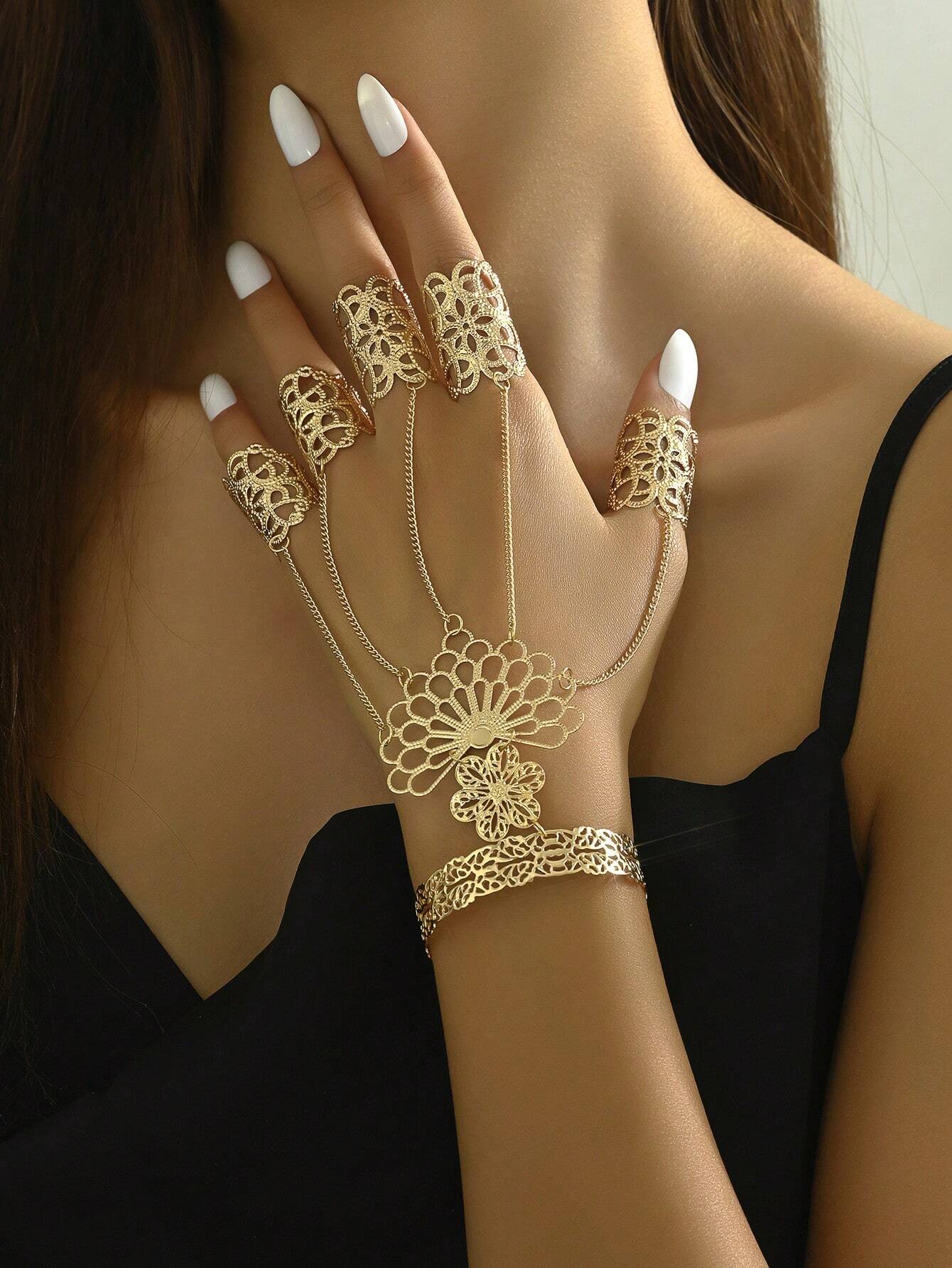 shein Gothic Punk Style Exaggerated Finger Ring Bracelet Hip Hop Style Hand Jewelry