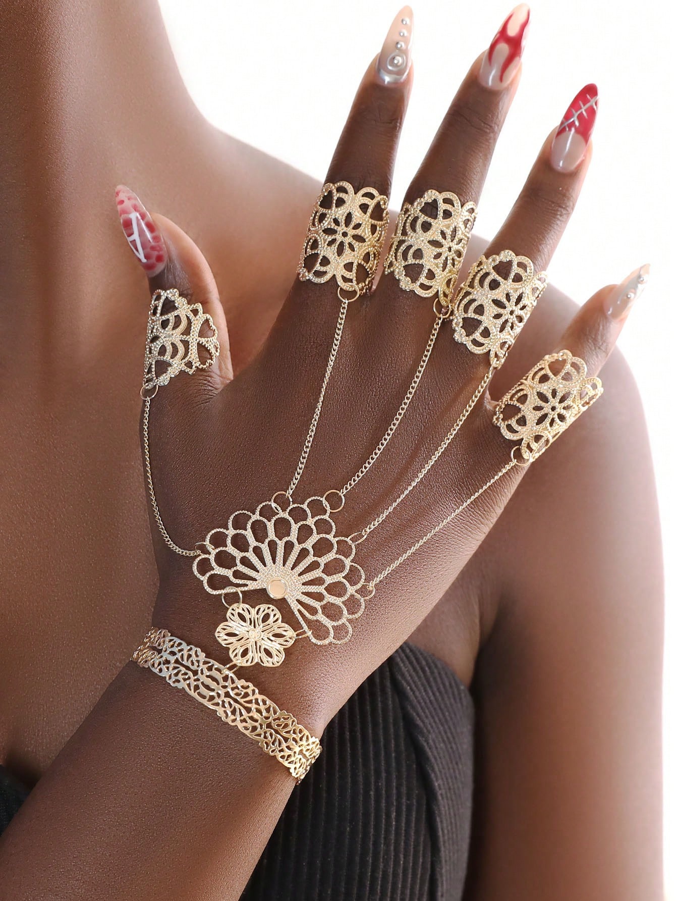 shein Gothic Punk Style Exaggerated Finger Ring Bracelet Hip Hop Style Hand Jewelry - Image 2