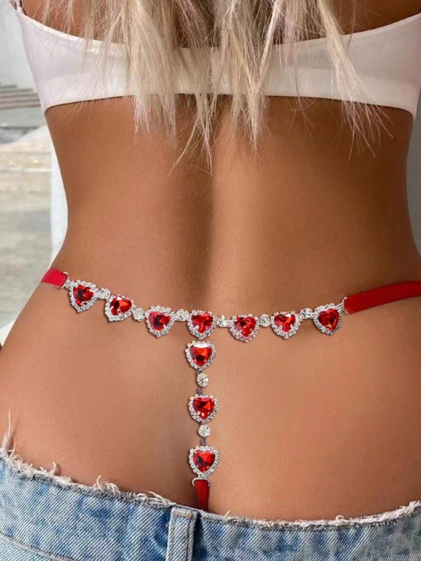 SHEIN Hot Red Crystal Heart Thong Rhinestone Panties Jewelry For Women Sexy Choth Body Chain Thong Wasit Bikini Accessories
