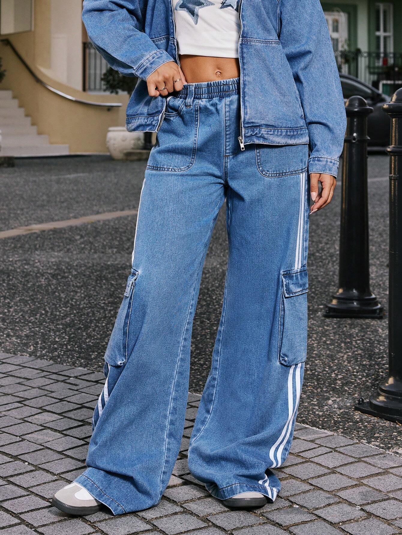 SHEIN EZwear Women's Casual Loose Baggy Denim Jeans With Pockets And Stripes - Image 3