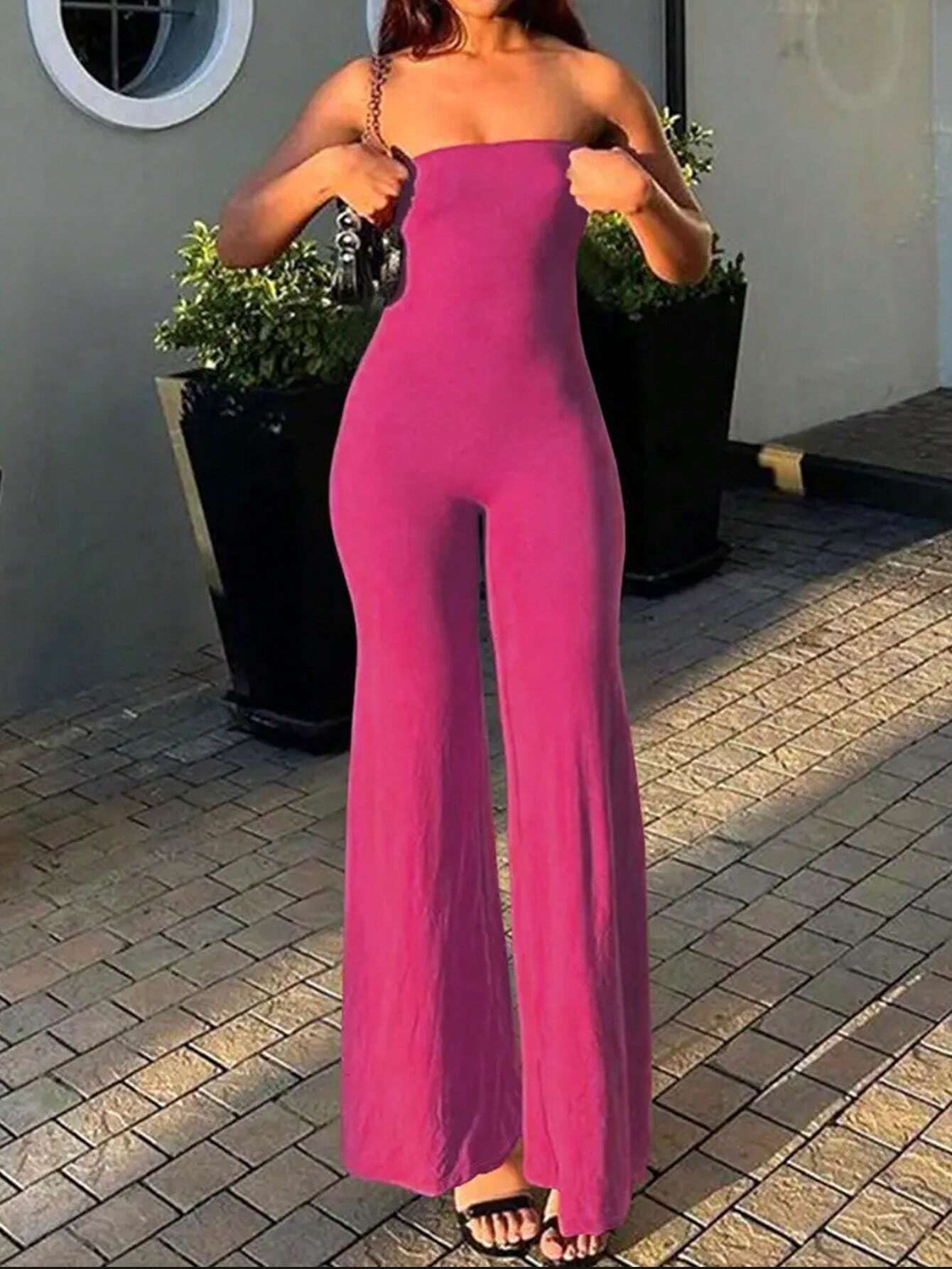 SHEIN Essnce Women's Plain Color Simple Daily Jumpsuit With Strapless Top