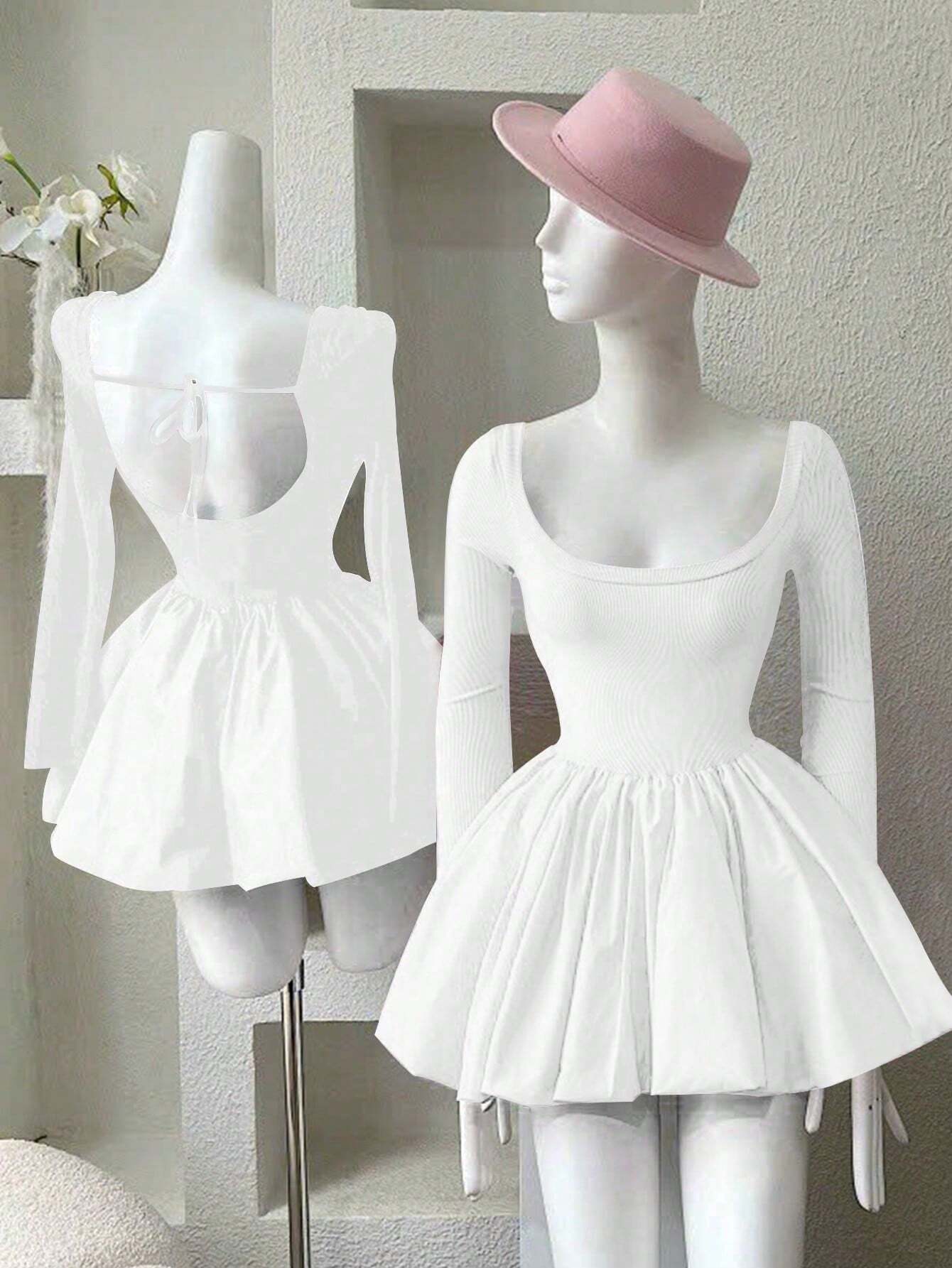 SHEIN LUNE Women's Plain Color Round Neck Long Sleeve Short Mini Dress, Spring & Summer