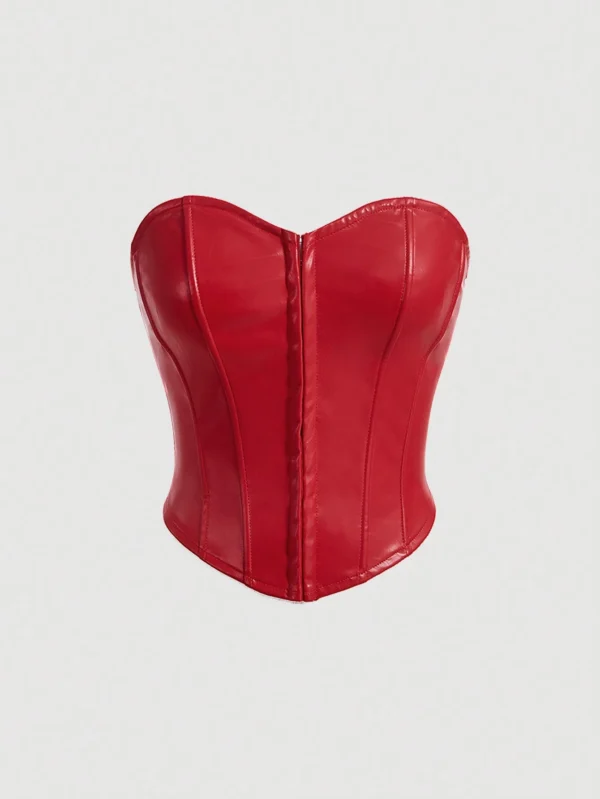 SHEIN MOD Red Date Night Fishbone Tight Corset Solid PU Leather Tube Top
