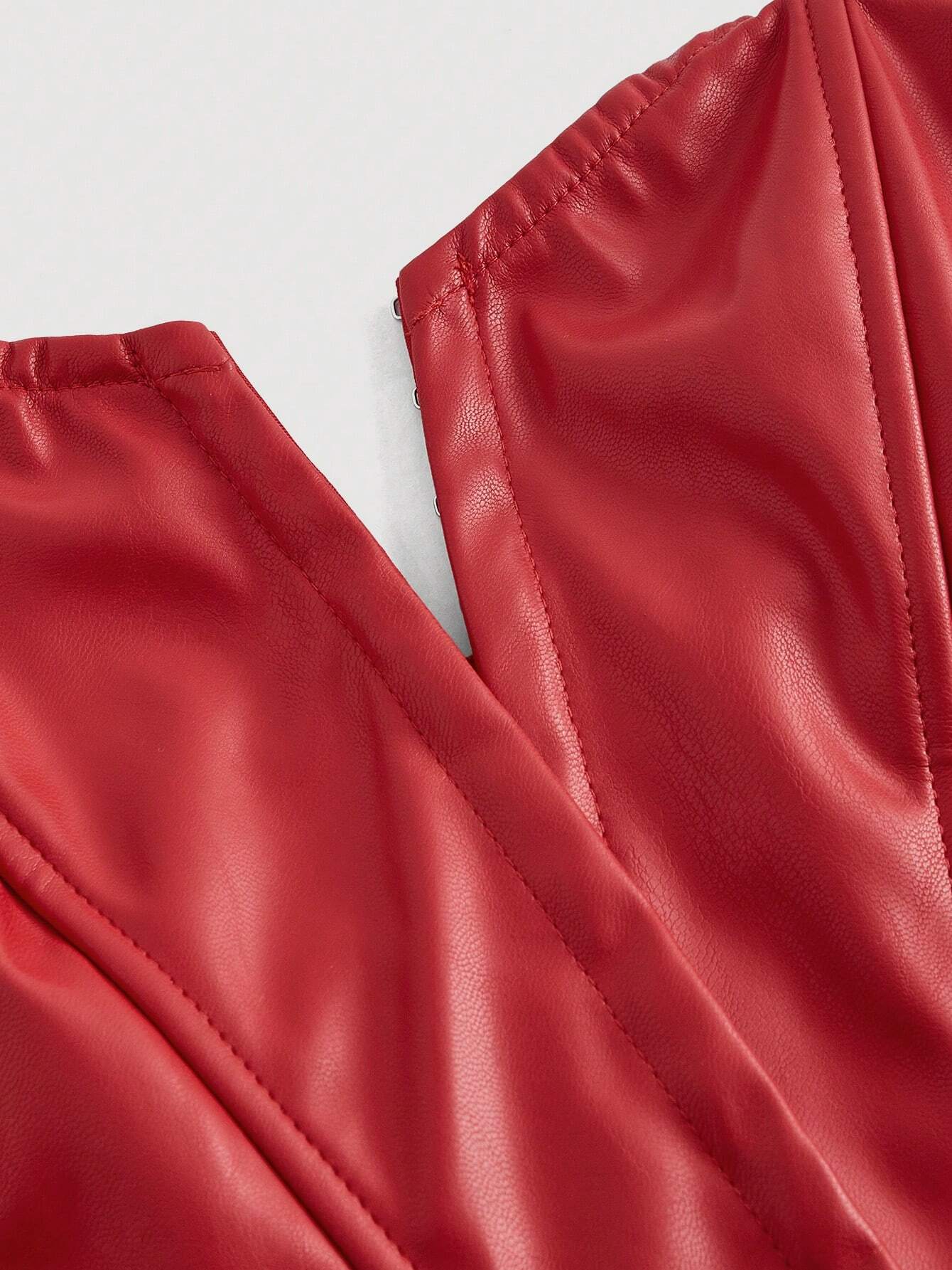 SHEIN MOD Red Date Night Fishbone Tight Corset Solid PU Leather Tube Top - Image 3