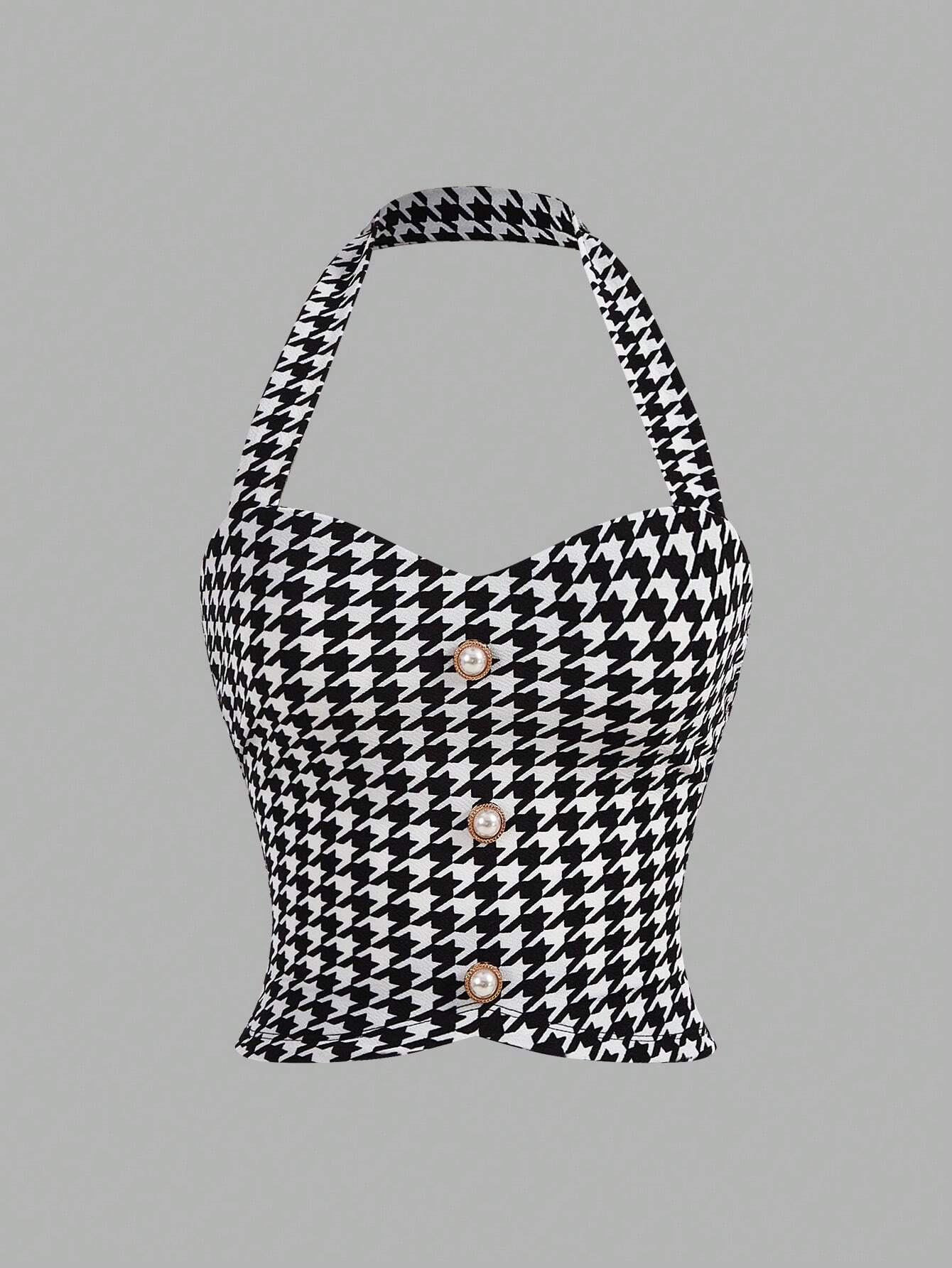 SHEIN Privé Ladies Summer Plaid Halter Top With Pearl Embellished Neckline - Image 2