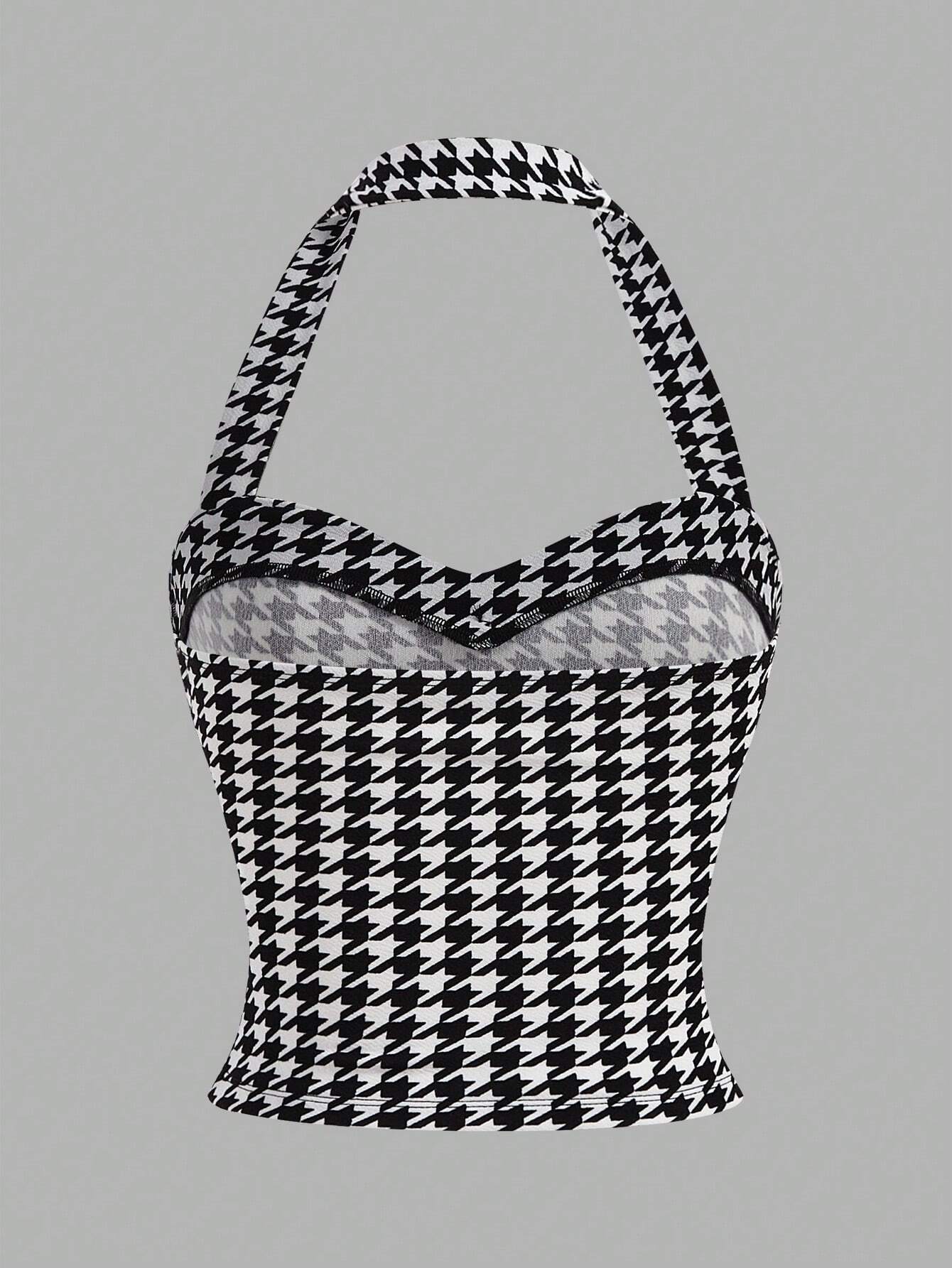 SHEIN Privé Ladies Summer Plaid Halter Top With Pearl Embellished Neckline - Image 3