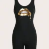 SHEIN Slayr Minimalist Casual Sexy Lip Print Sleeveless Crop Jumpsuit For Women, Summer