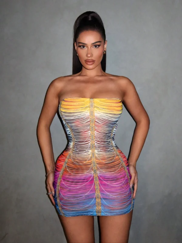 SHEIN SXY Rainbow Striped Rhinestone Mesh Printed Strapless Mini Bodycon Dress