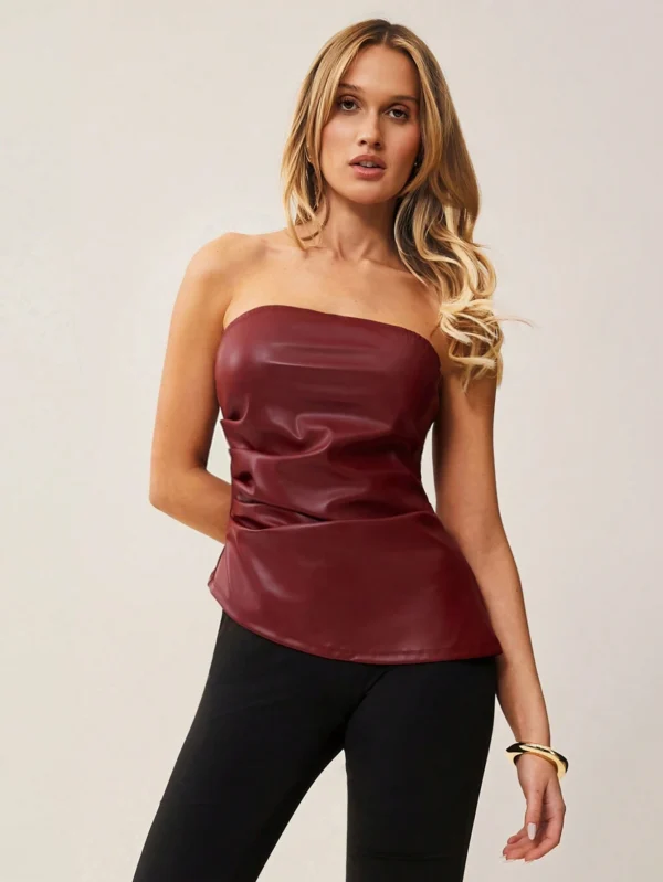 SHEIN Essnce Women's Burgundy Red Leather Top