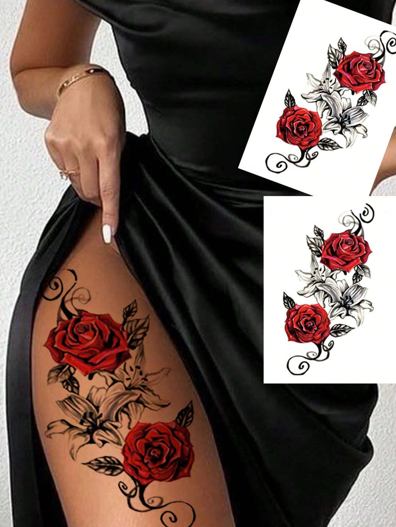 SHEIN 2pcs Red Temporary Rose Flower Arm & Leg Tattoo Stickers