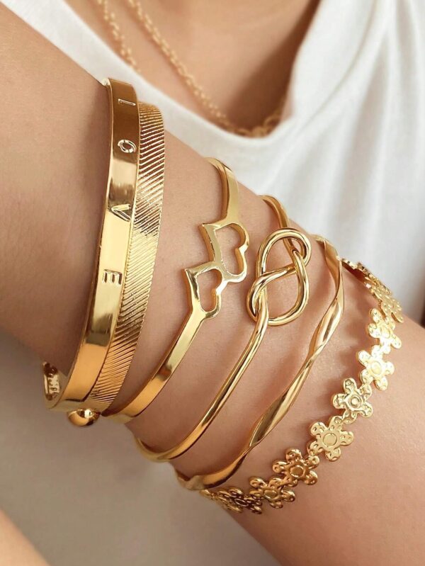 SHEIN 6pcs/Set Double Heart Love Letter Flower Open Bangle