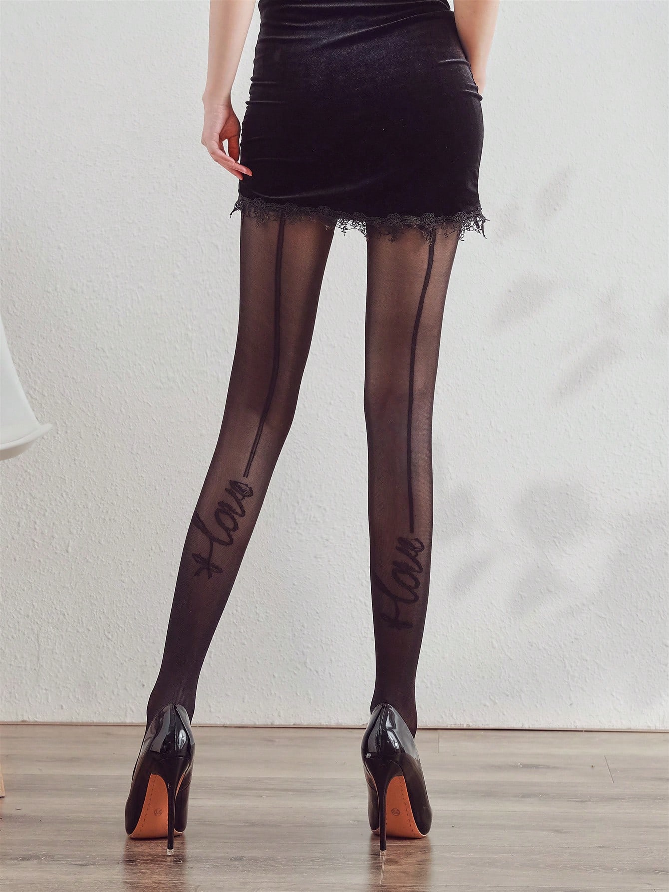 SHEIN Vertical Stripe Tights, Love Letter Printed Tights, Black Tights - Image 3