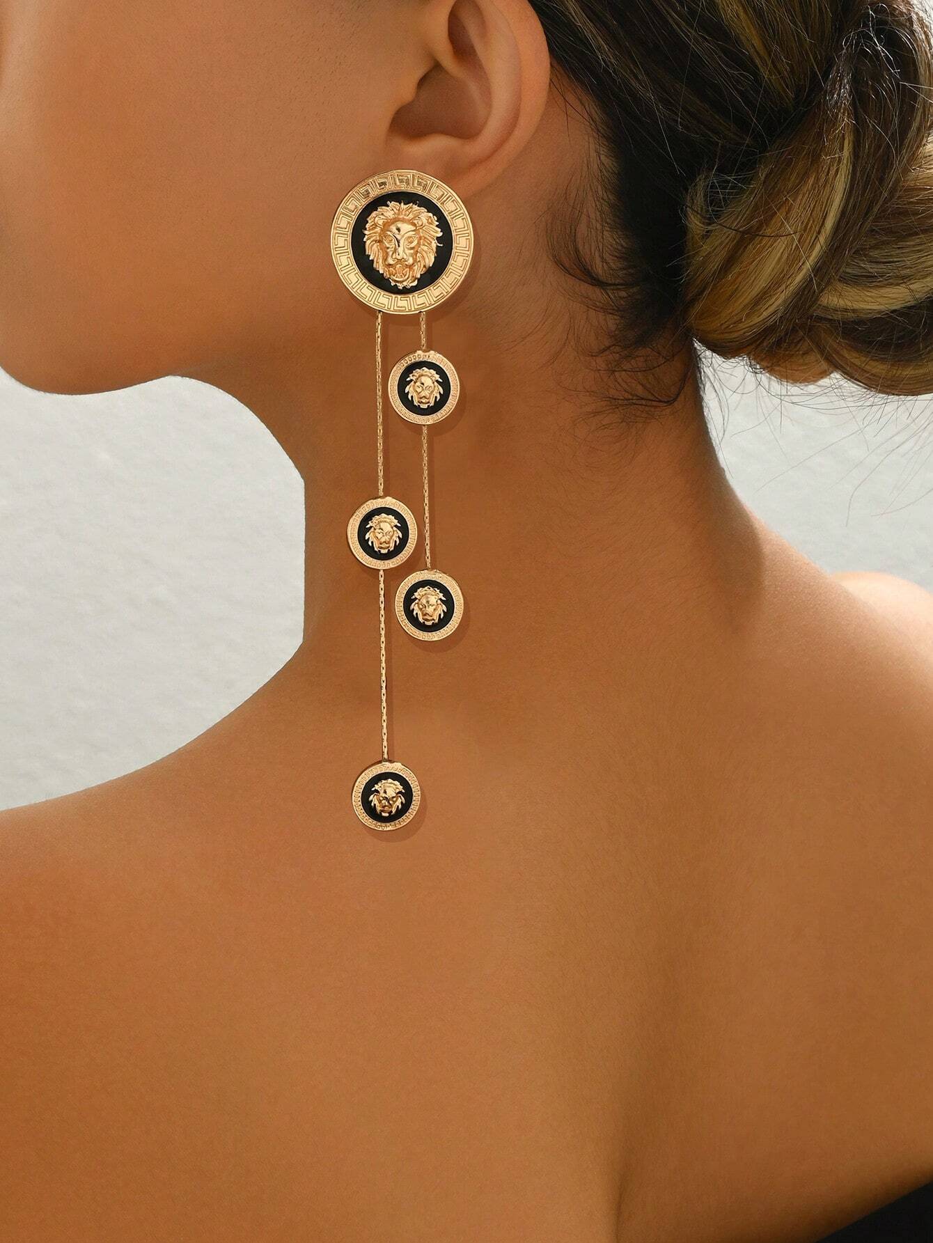 SHEIN Creative Lion Head Tassel Drop Earrings