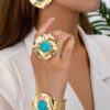 SHEIN Vintage Gold Tone Metal Green Turquoise Stud Earrings + 1 Bracelet + 1 Ring Set