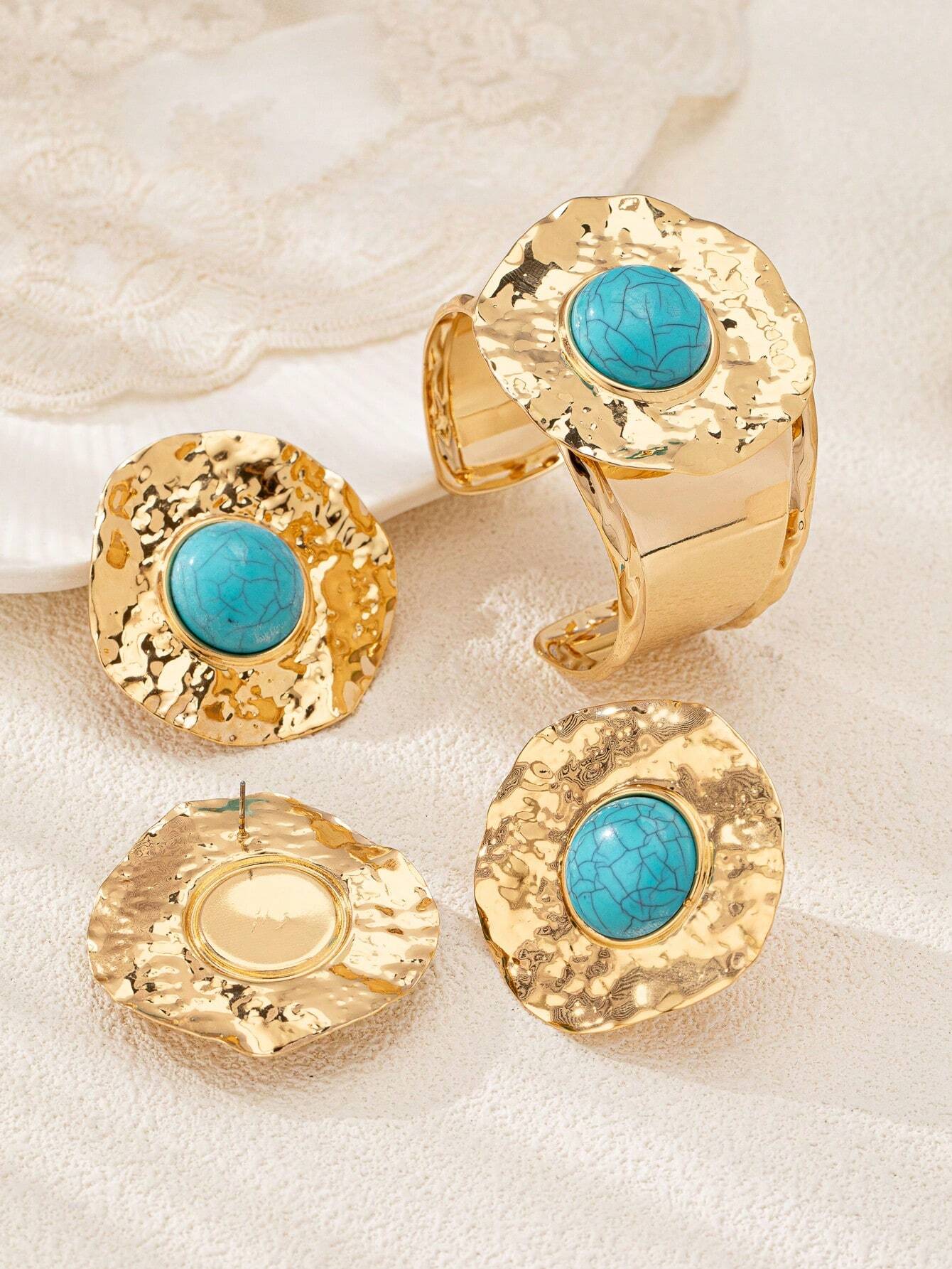 SHEIN Vintage Gold Tone Metal Green Turquoise Stud Earrings + 1 Bracelet + 1 Ring Set