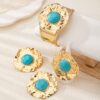 SHEIN Vintage Gold Tone Metal Green Turquoise Stud Earrings + 1 Bracelet + 1 Ring Set