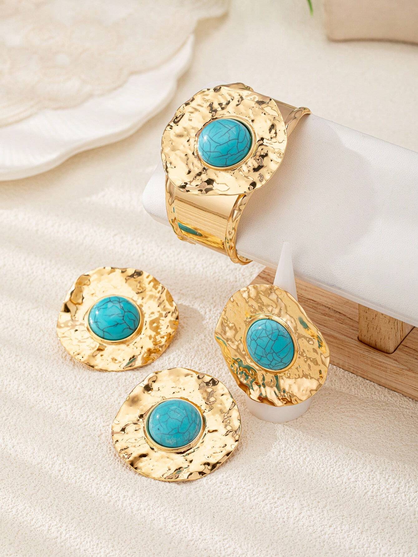 SHEIN Vintage Gold Tone Metal Green Turquoise Stud Earrings + 1 Bracelet + 1 Ring Set