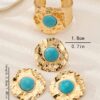 SHEIN Vintage Gold Tone Metal Green Turquoise Stud Earrings + 1 Bracelet + 1 Ring Set