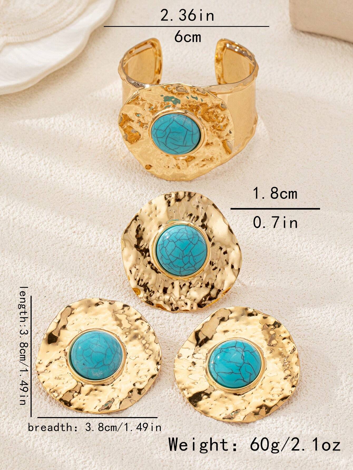 SHEIN Vintage Gold Tone Metal Green Turquoise Stud Earrings + 1 Bracelet + 1 Ring Set