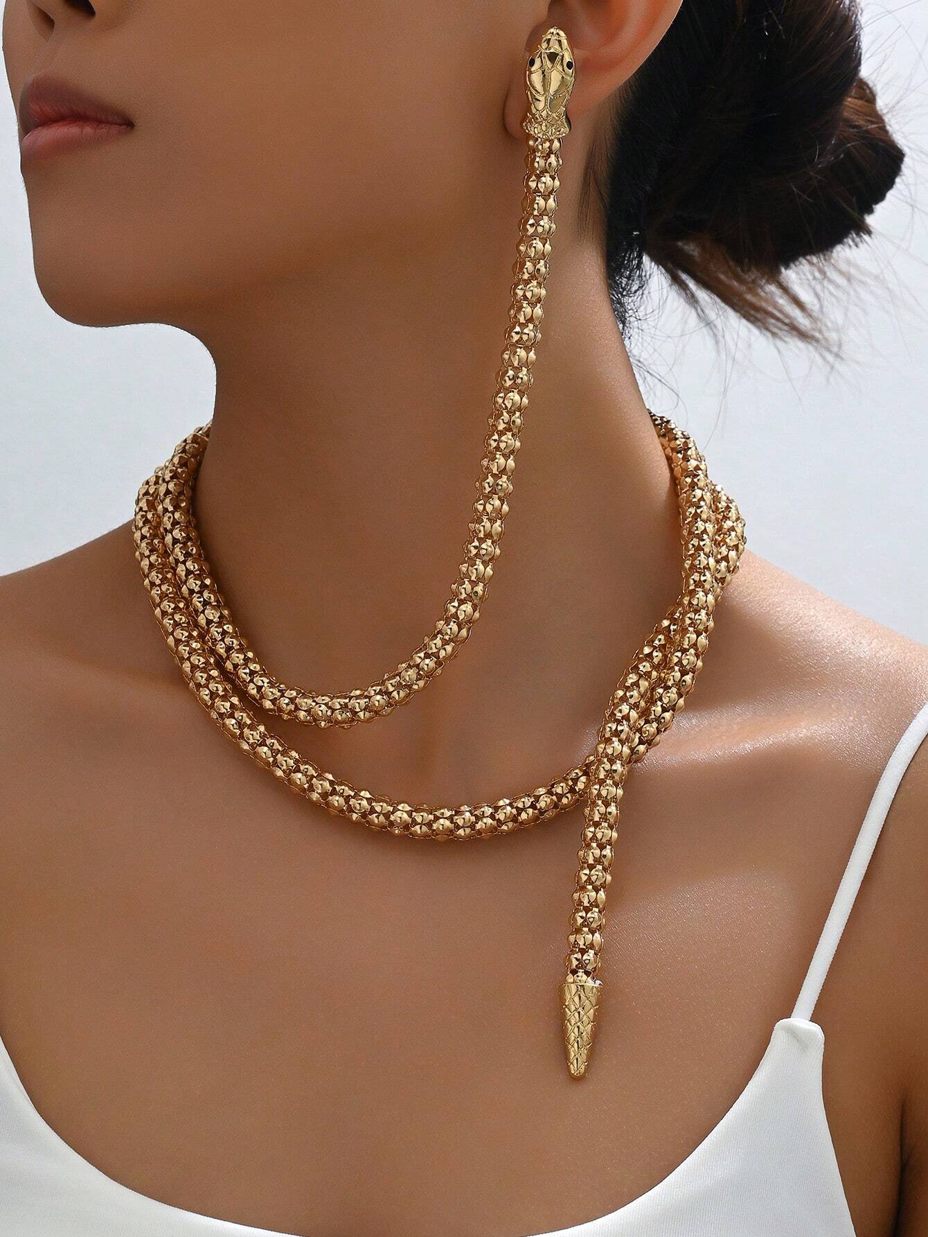 SHEIN1pc Women Retro Punk Style Snake Wrap Around Earrings Necklace Set