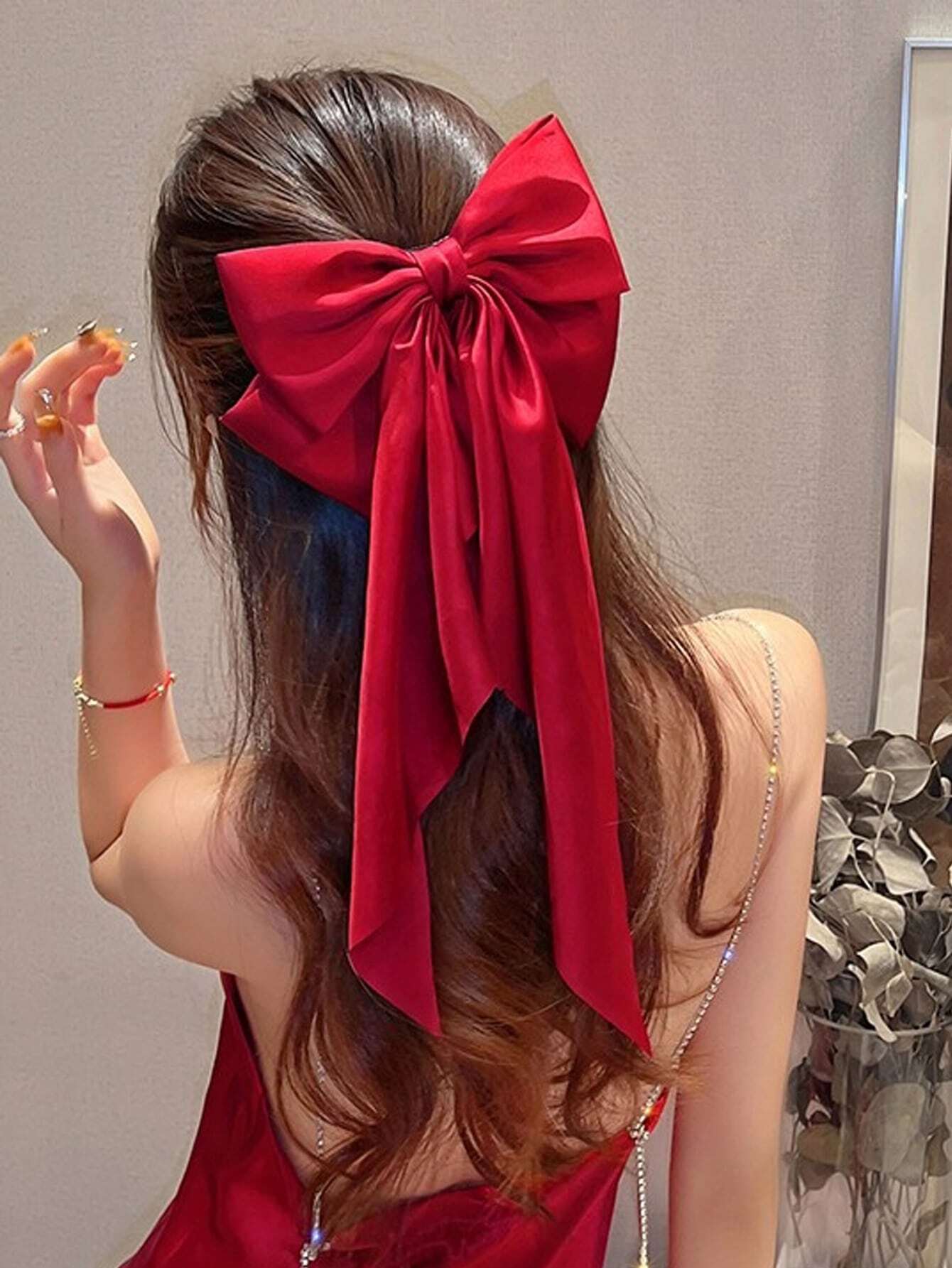 SHEIN Oversized Long Red Satin Bow Hair Clip