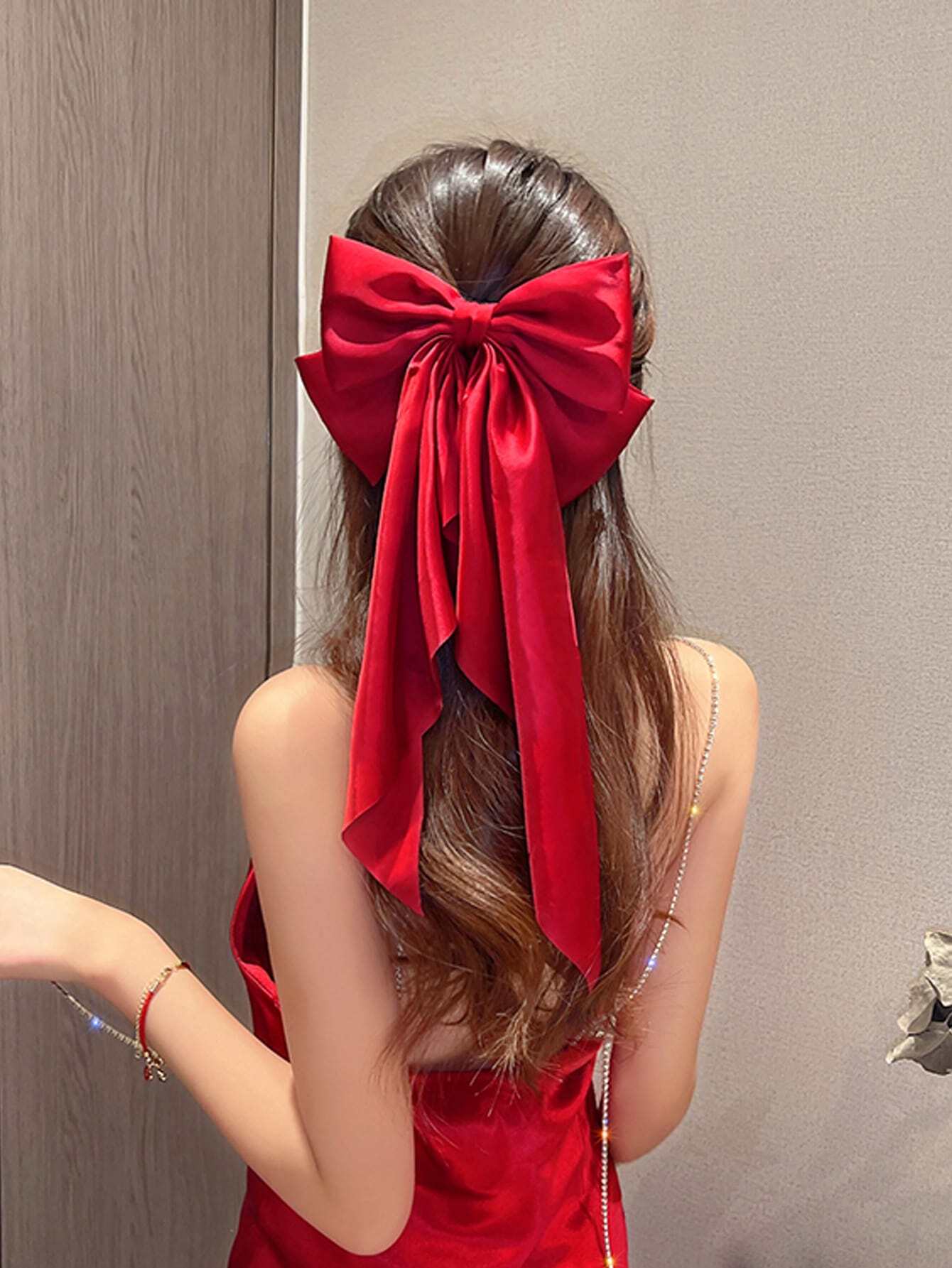 SHEIN Oversized Long Red Satin Bow Hair Clip
