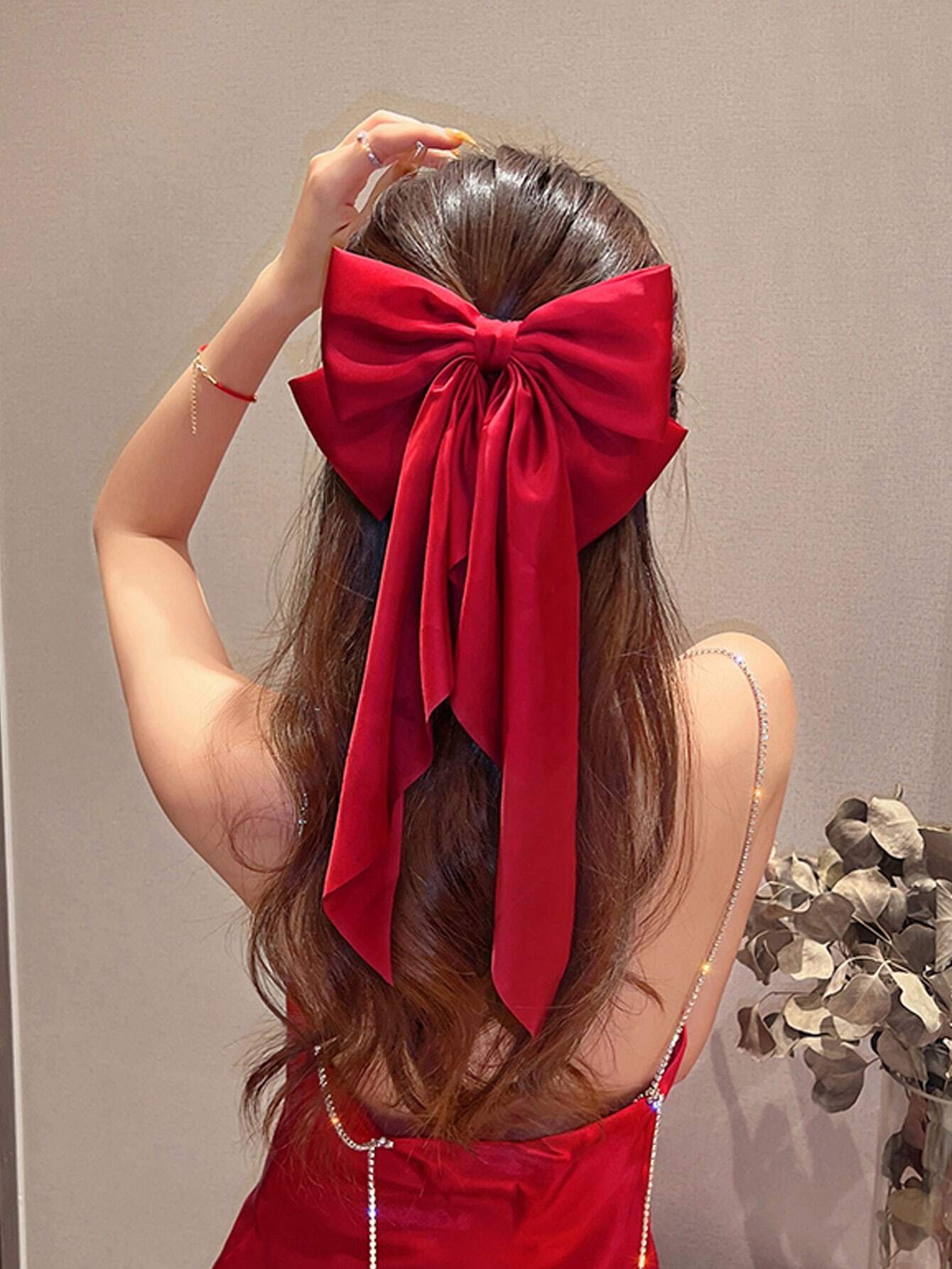 SHEIN Oversized Long Red Satin Bow Hair Clip