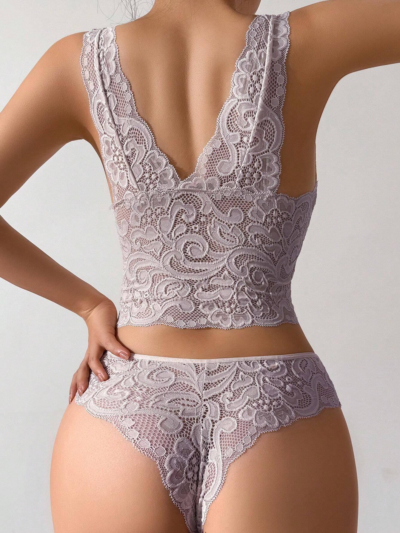 SHEIN 2pcs Women's Romantic Lace Comfortable And Elegant Bra & Panty Lingerie Set