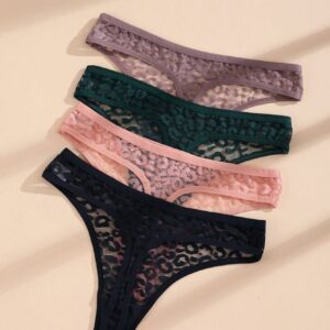 SHEIN 4 PCS Women's Sexy Thong Lace Leopard Panties Low Waist Seamless Lingerie