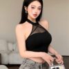 SHEIN DAZY Solid Color Slim Fit Stretchy Mesh Panel Halter Short Top Going Out Tops