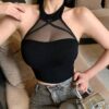SHEIN DAZY Solid Color Slim Fit Stretchy Mesh Panel Halter Short Top Going Out Tops