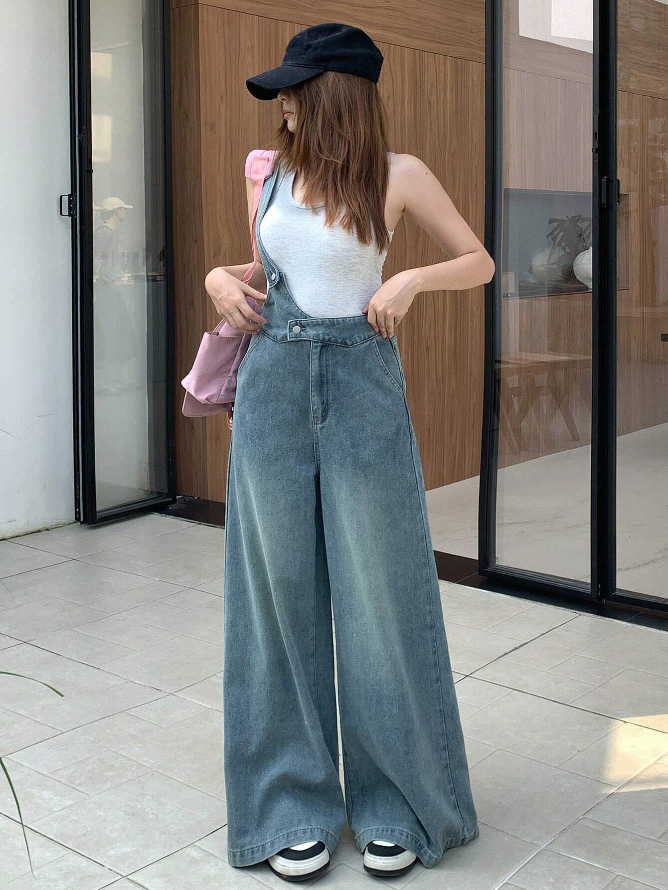 SHEIN DAZY Women's Casual One Shoulder Wide Leg Denim Overalls, Summer - Image 2