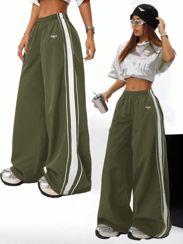 SHEIN EZwear Women's Fashionable Street Style Embroidery Logo Windbreaker Material Loose Fit Long Pants
