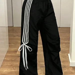 SHEIN ICON Women's Ultra Low Waist Striped Ribbon Bow Decor Loose Wide Leg Pants