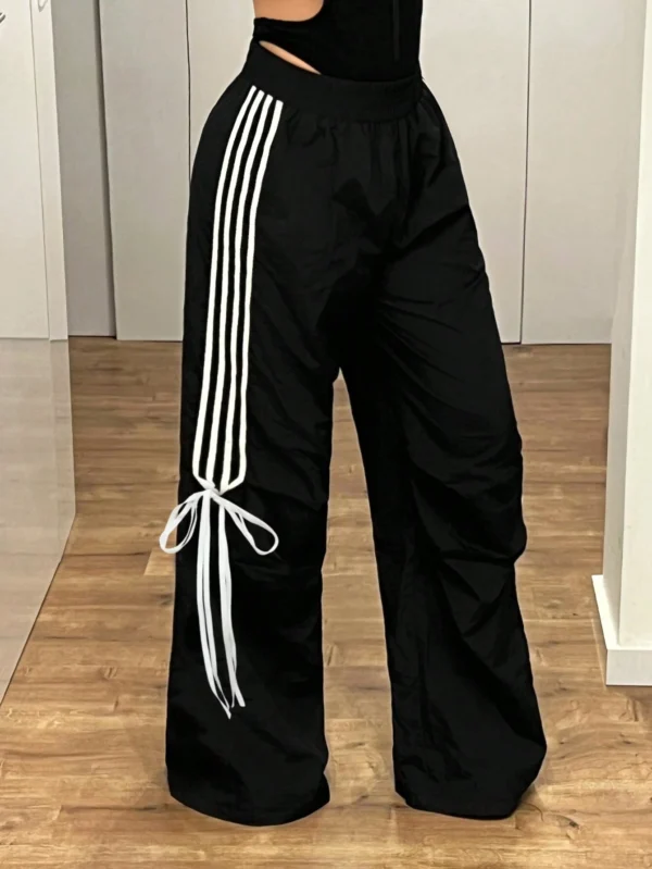SHEIN ICON Women's Ultra Low Waist Striped Ribbon Bow Decor Loose Wide Leg Pants