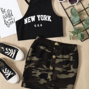 SHEIN Young Girl Letter Graphic Asymmetrical Neck Top & Camo Print Skirt