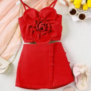 SHEIN Young Girl 2pcs Fashionable 3D Flower Print Tank Top And Shorts Set, Summer