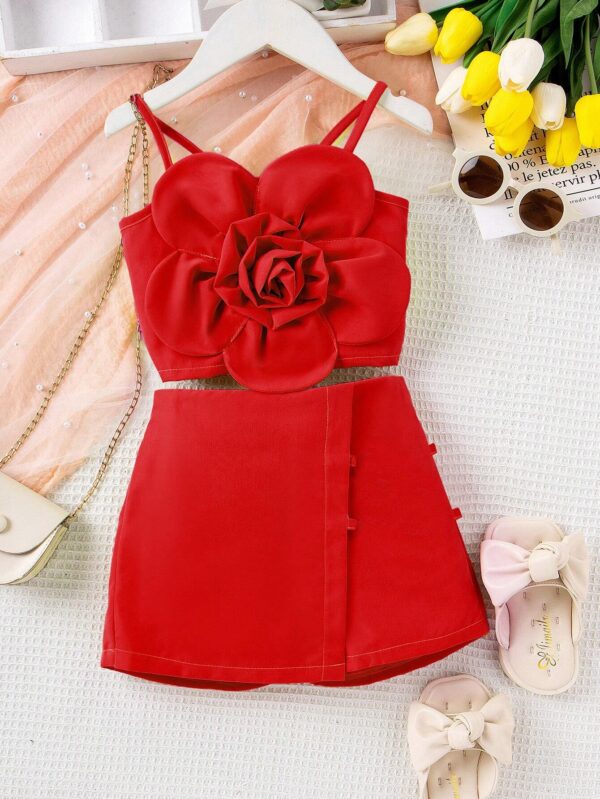 SHEIN Young Girl 2pcs Fashionable 3D Flower Print Tank Top And Shorts Set, Summer