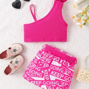 SHEIN Young Girl Bow Front Asymmetrical Neck Top & Letter Graphic Skirt