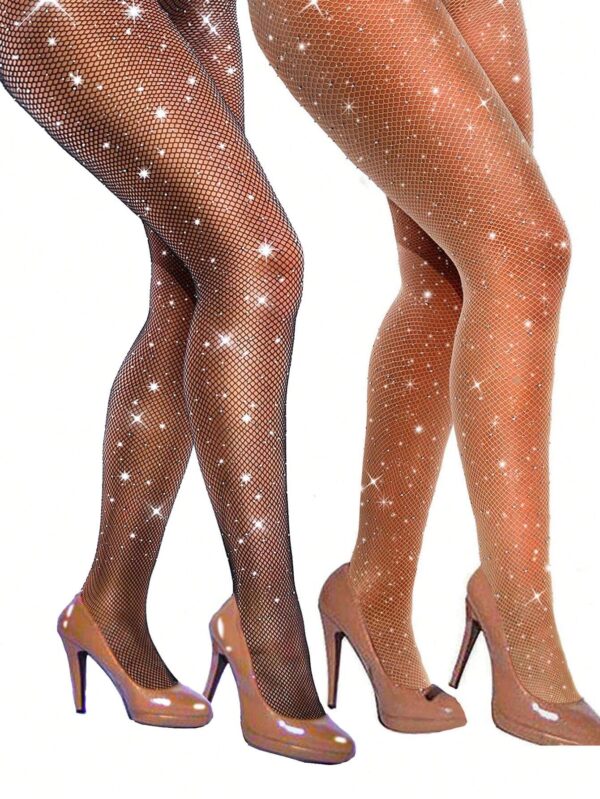 SHEIN 2 Pairs Women's Glittery Sheer Fishnet Crystal High Waist Skinny Pants