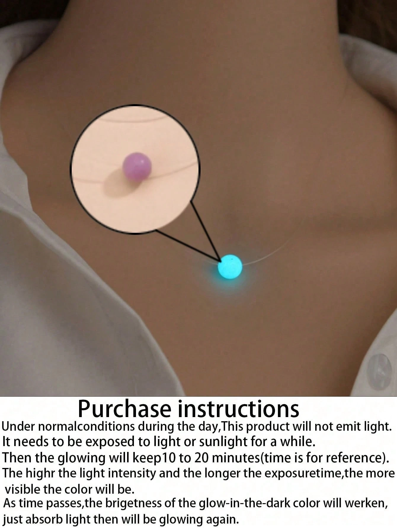 SHEIN 1pc Fashion PMMA Glow In The Dark Bead Pendant Necklace