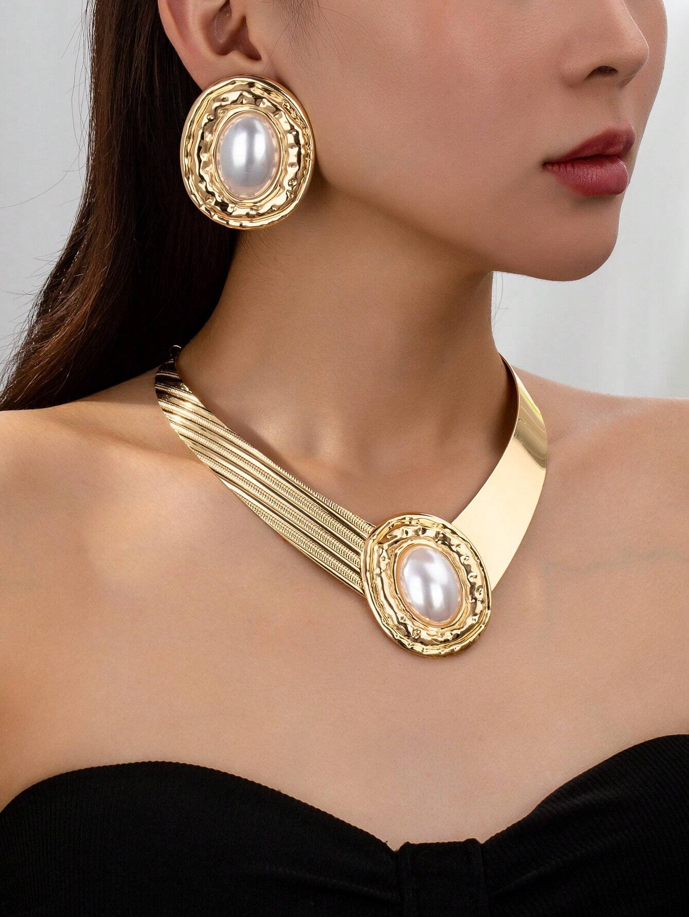 SHEIN 1set Luxury Exaggerated Creative Metal Large Pearl Stud Earrings, Pearl Necklace